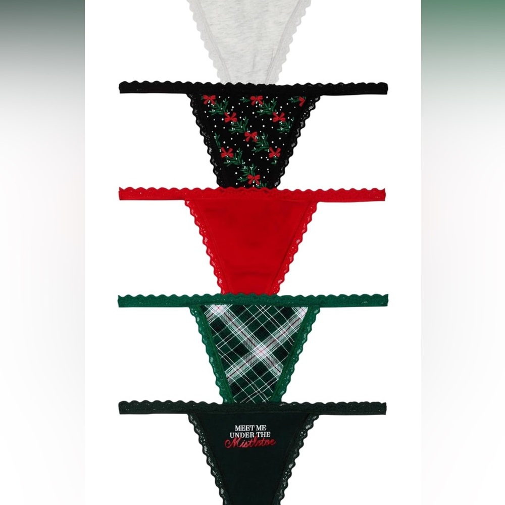 Victoria's Secret Lace-Trim Cotton V-String Panty - Scarlet, Ivory, Ebony